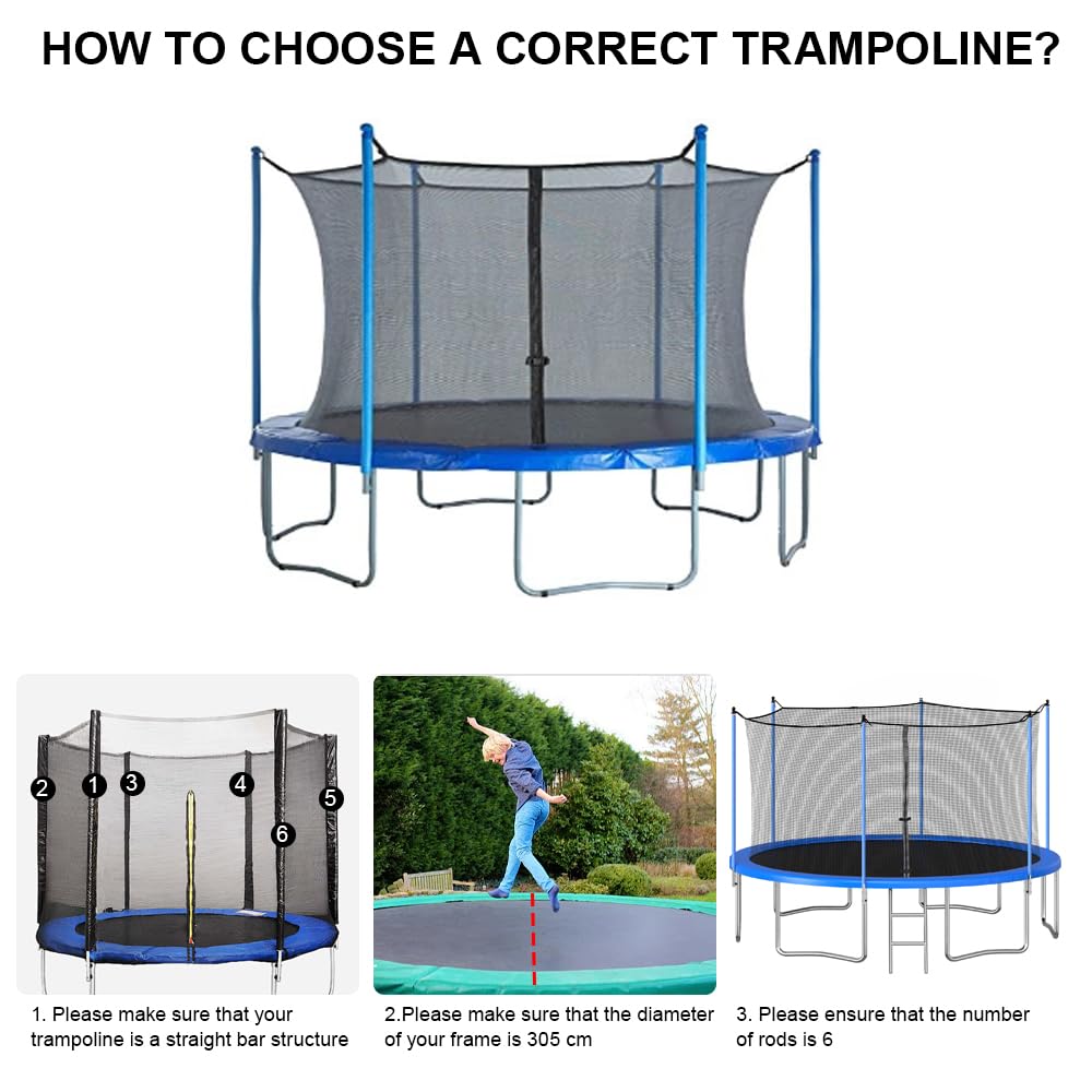 Rete di Sicurezza per Trampolino, Rete Ricambio Trampolino Ø 305cm con Cerniera e Fibbie, per Pali da 6, Altezza: 180 cm