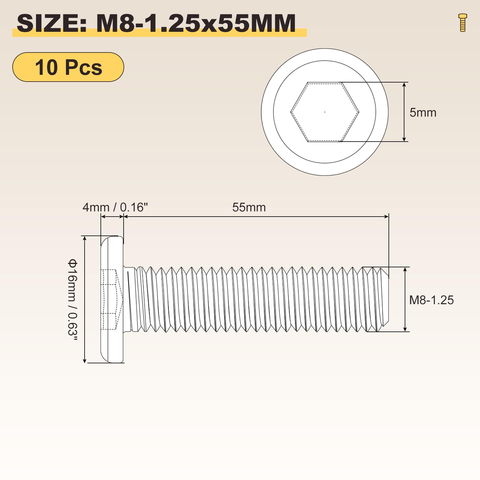 METALLIXITY Flat Head Hex Socket Cap Screws Bolts(M8-1.25x55) 10Pcs, Steel Hex Socket Furniture Bolts Screws - Image 2
