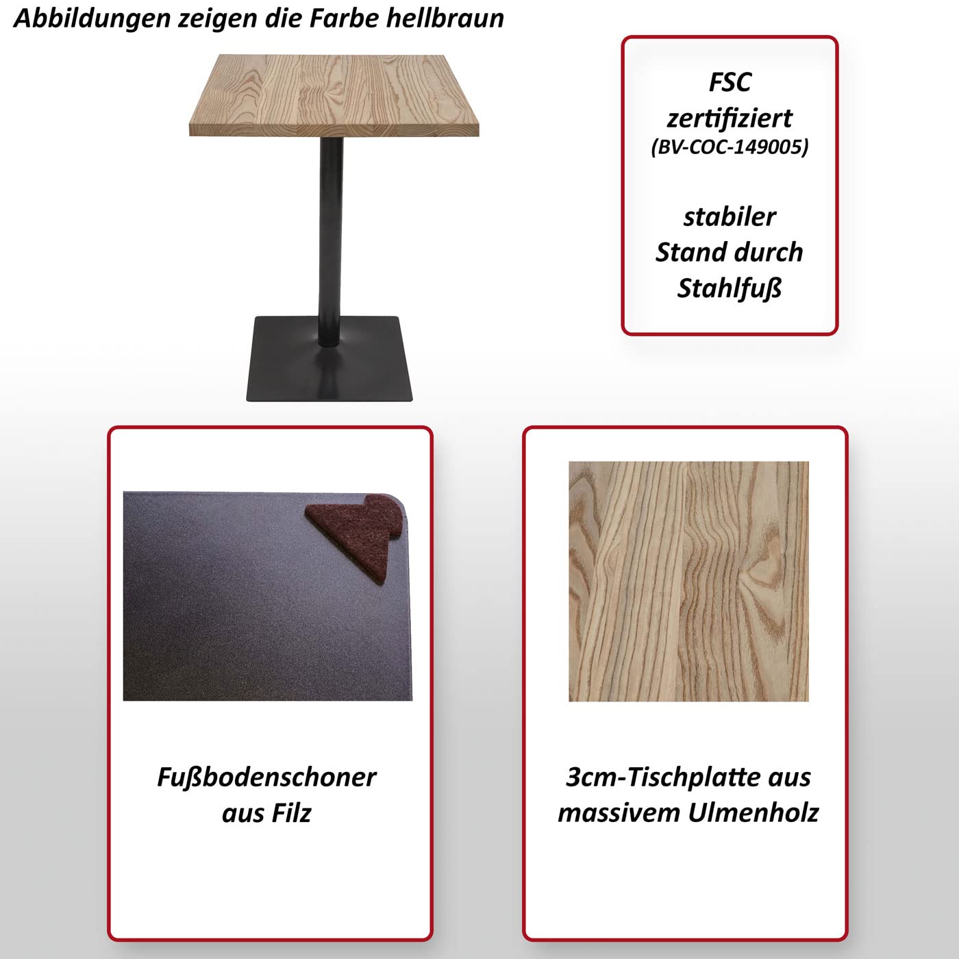 Mendler Bistrotisch HWC-H10, Bartisch Thekentisch, Industrial Gastronomie Ulme Holz MVG-Zertifiziert 76x60x60cm - Hellbraun