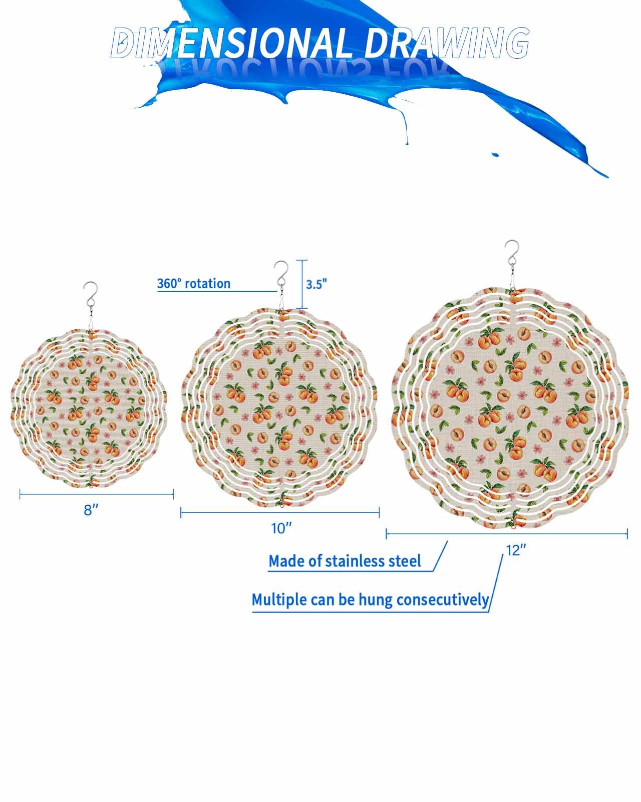 Summer Wind Spinners, Fruit Peaches Linen Texture Hanging Wind Spinners for Yard and Garden 3D Stainless Steel Metal Sculptures Crafts Ornaments 10 Inch