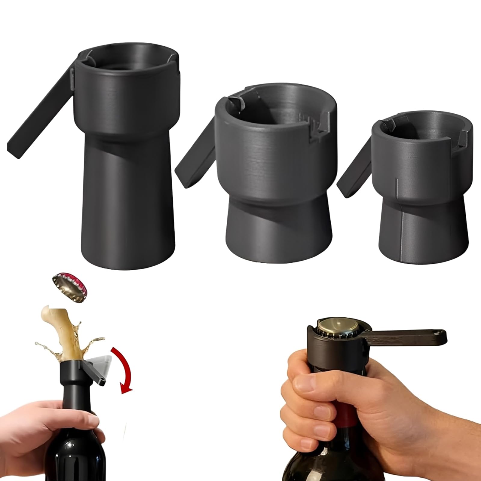Bottle Cap Opener, Beer Opener and Bottle Top Opener in Three Practical Sizes, Convenient Bottle Opener for Various Bottle Caps, Durable Mortar Bottle Opener for Daily Use, Black Finish with Ergonomic