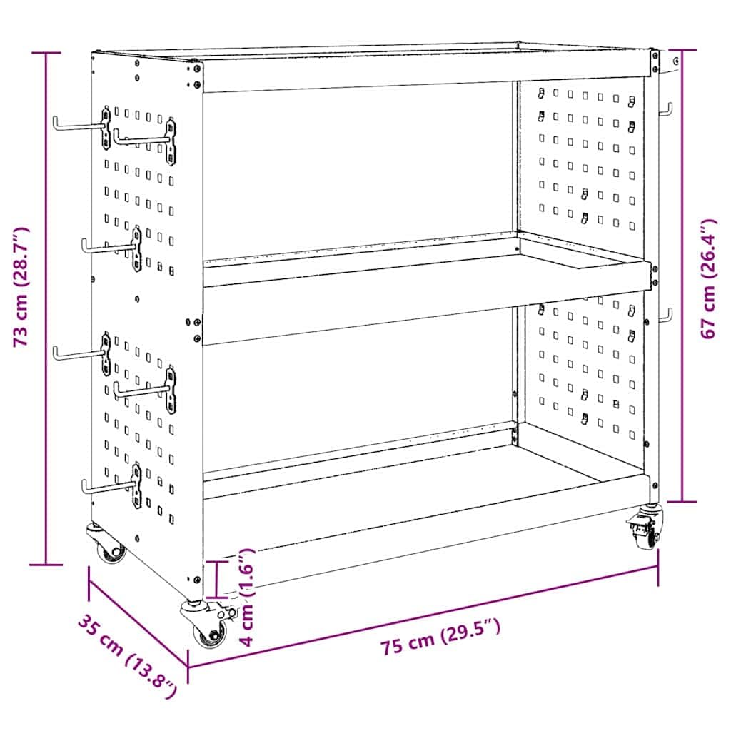 Carrello portautensili antracite in acciaio laminato a freddo, 75 x 35 x 73 cm, con 3 ripiani e 12 ganci, ruote bloccabili per officina e garage