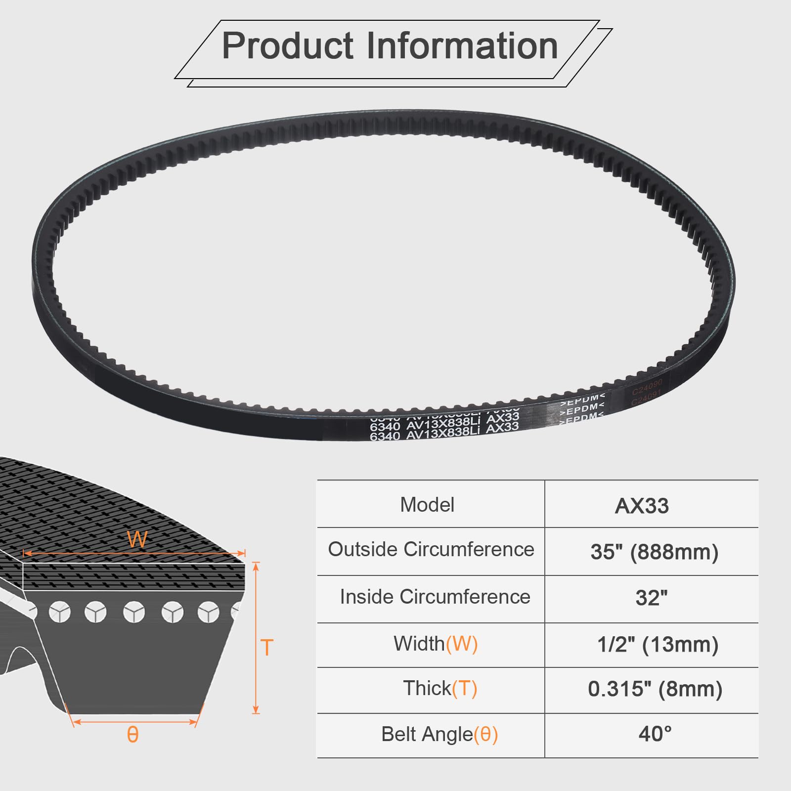 QUARKZMAN 2Pcs AX33 Cinghia A Dente Grezzo In EPDM, Cinghia Di Trasmissione Industriale A Sezione Trapezoidale 1/2" Larghezza x 35" Circonferenza Esterna