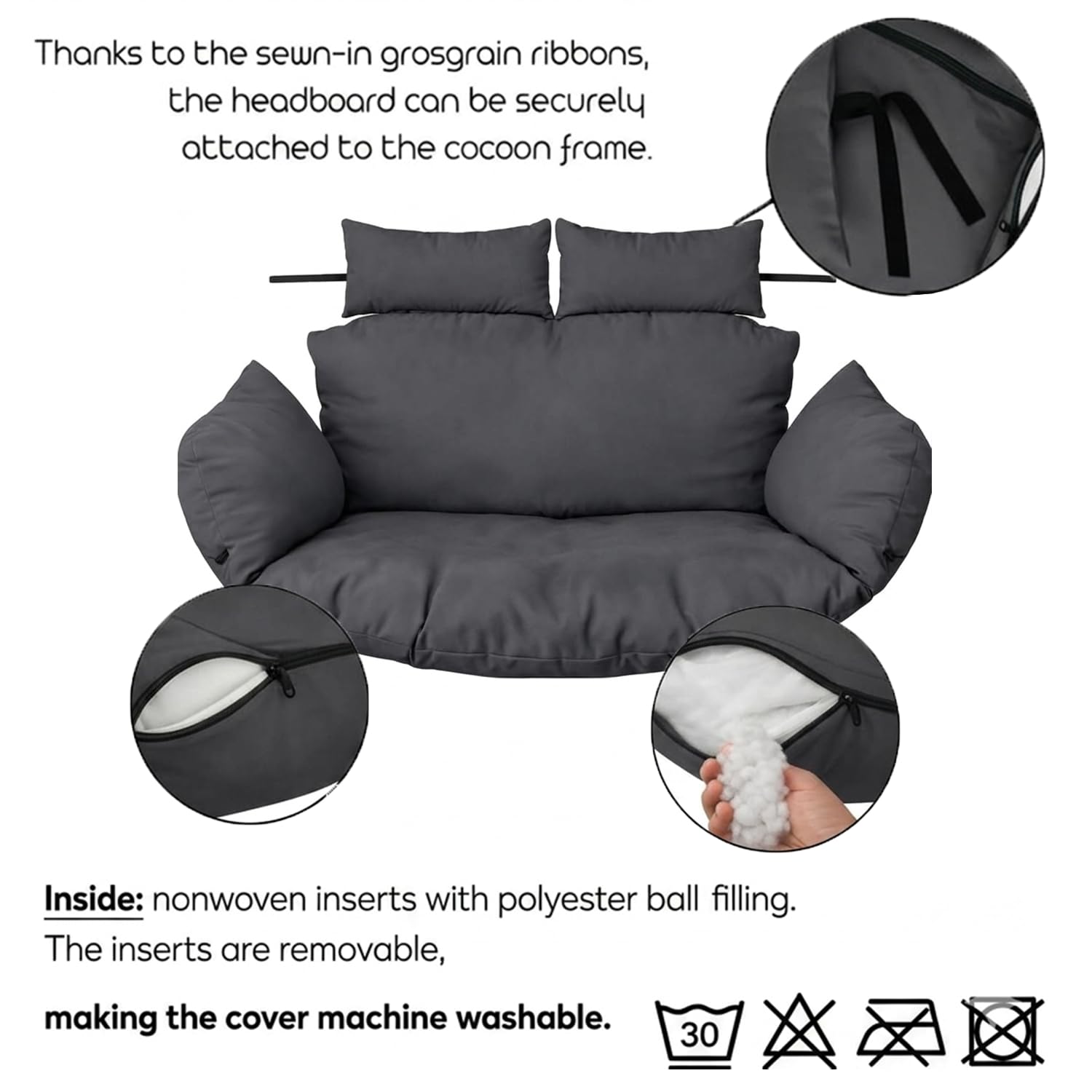 Ferocity Hängesessel Kissen 2 Personen Dunkel Grau | Doppelkissen Polster für Polyrattan Hängeschaukel | 47x130x29 cm | Waschbar Outdoor Gartenkissen | Hängekorb Auflage Bodenkissen - Graphite [114]