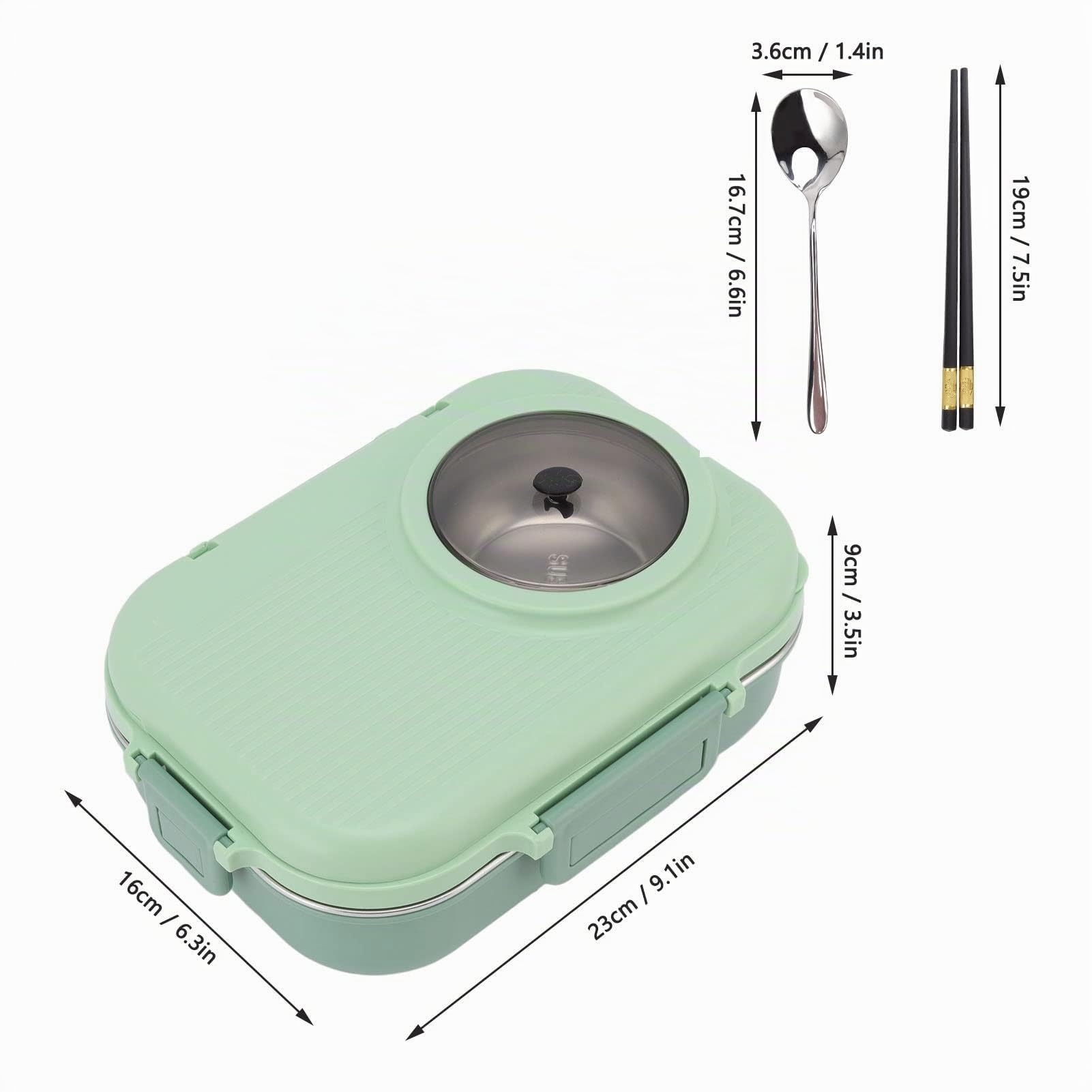 Fiambrera Bento, 1100ml Diseño de 3 Rejillas de Doble Capa, Fiambrera Térmica de Acero Inoxidable 304 con Palillos Cuchara Tazón de Sopa, Recipiente de Comida para Niños Estudiantes Adultos(Verde)