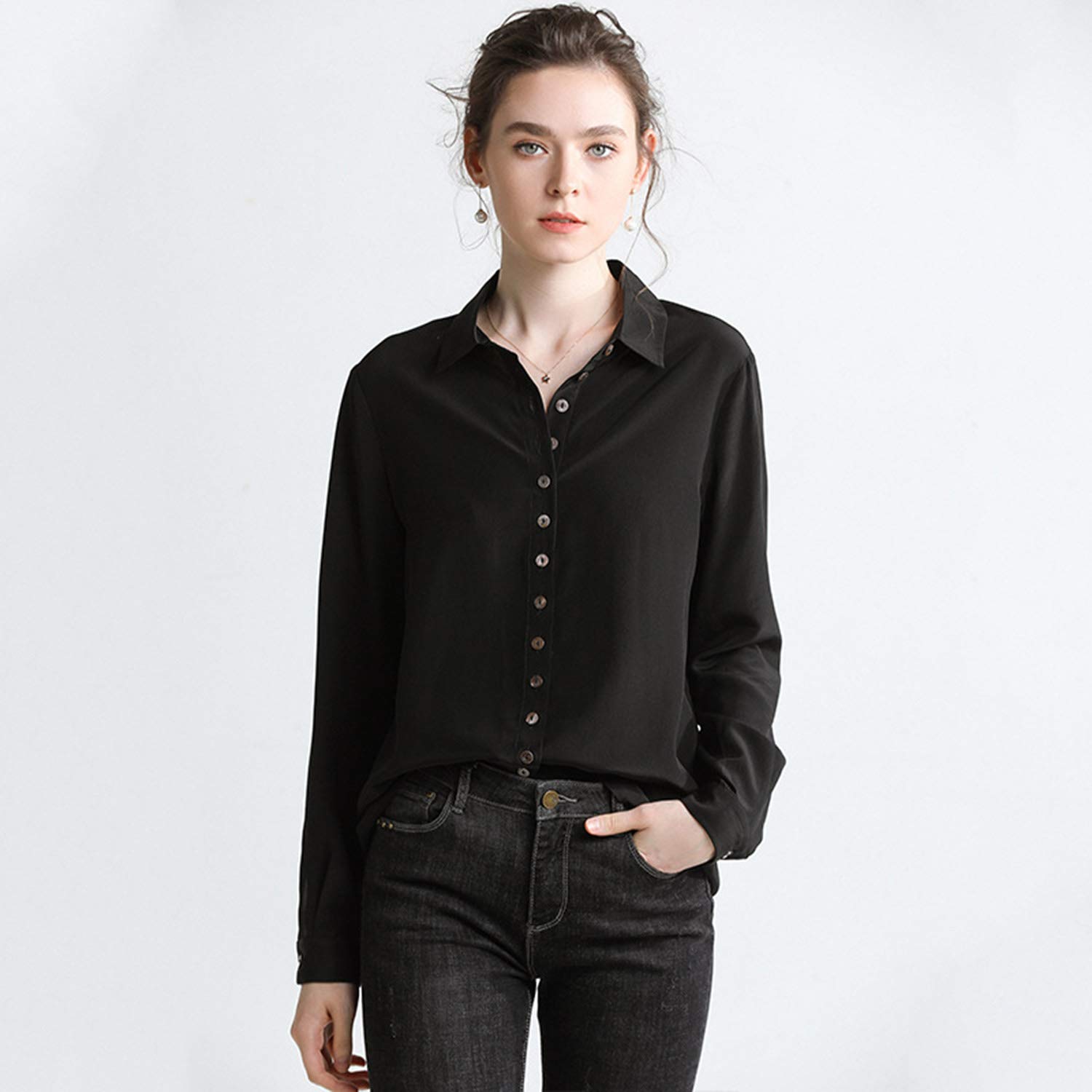 Camicia Chic di Seta Nera, Tuta Basic, Top A Manica Lunga, Blusa da Ufficio