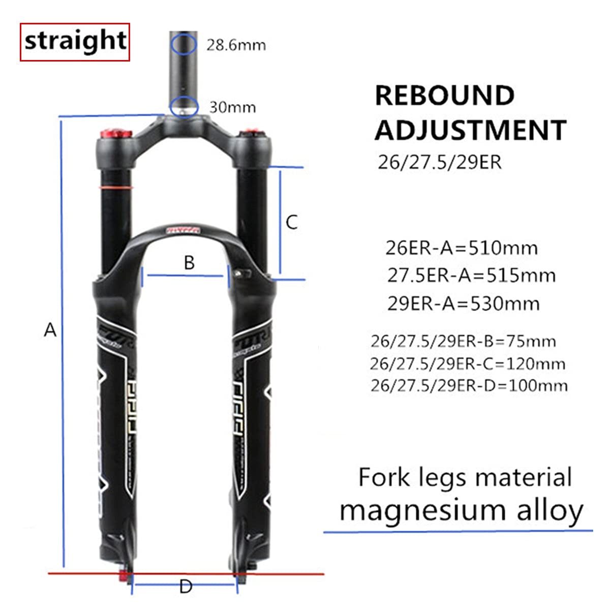 Horquilla de suspensión neumática para MTB de 26/27.5/29 Pulgadas, Tubo Recto con Ajuste de Rebote, Cierre rápido de 28.6 mm, Recorrido de 9 mm, Bloqueo Remoto de 100 mm, amortigua