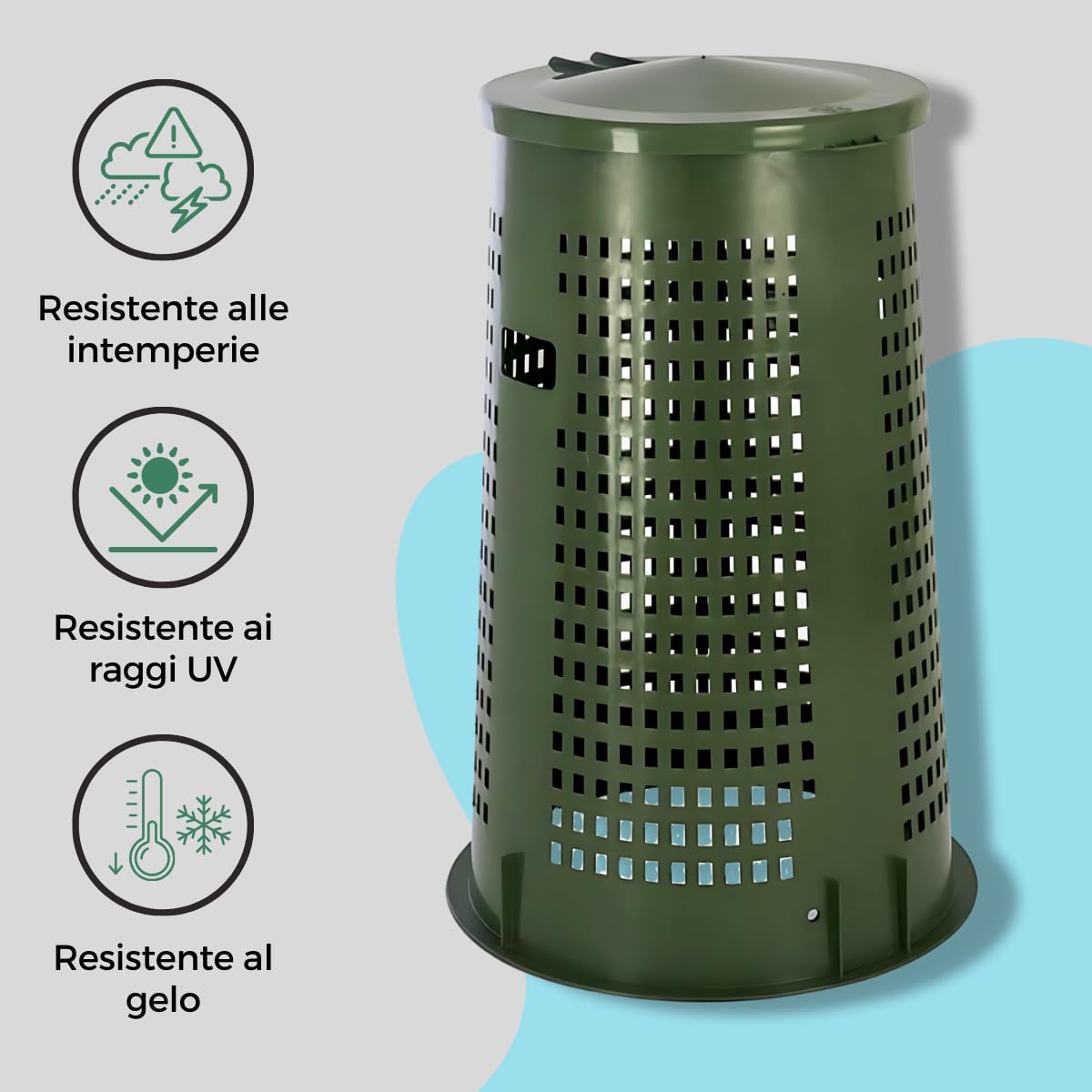 Tomaino - Bidone Spazzatura Esterno 110 lt con Coperchio - Trespolo Porta Rifiuti con Reggi Sacco per Raccolta Differenziata (Verde senza pedale)