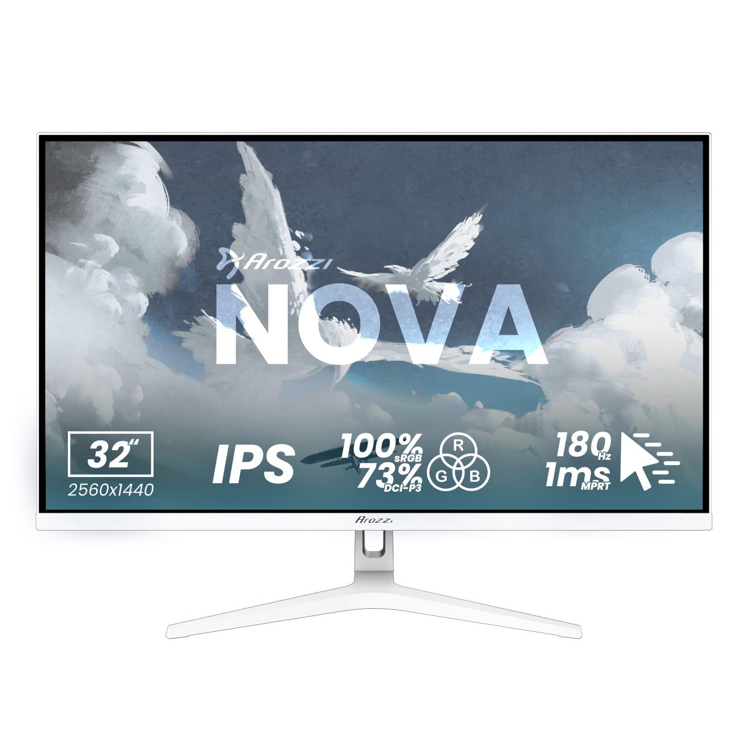 Arozzi Nova 32" Monitor Gaming IPS QHD 2560×1440, 180 Hz, 1 ms, FreeSync, HDR, Altavoces Integrados- White
