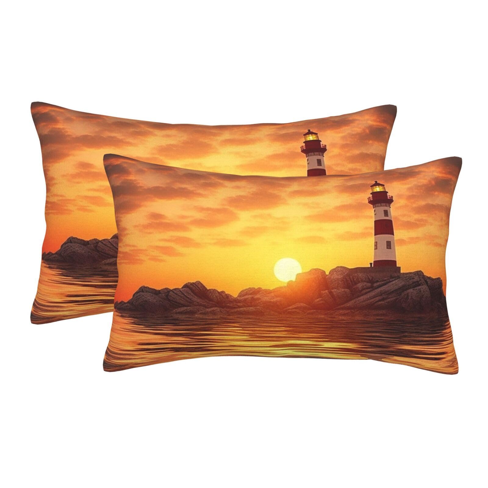 2 Pack Standard Size Pillow Cases for Hair and Skin Soft Breathable Pillow Case Covers with Hidden Zipper Sea Lighthouse in Sunset Pillowcase 20"x30" Pillow Cover for Sleeping Gift