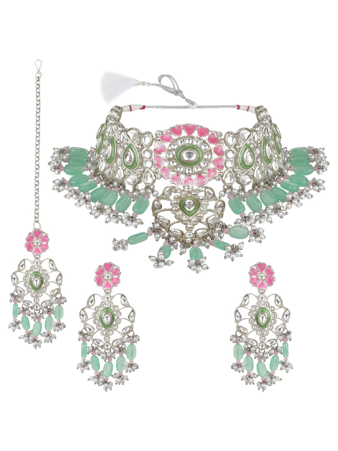 See full amazon price history chart for Glezza Jewels Ethnic Indian Traditional Silver Matte Polish Pink And Green Meenakari Choker Neckless Set with Earrings and Maang Tikka for Women & Girls. Glezza Jewels Ethnic Indian Traditional Silver Matte Polish Pink And Green Meenakari Choker Neckless Set with Earrings and Maang Tikka for Women & Girls. (B0BY56TRRQ) Amazon Price History, Amazon Price Tracker