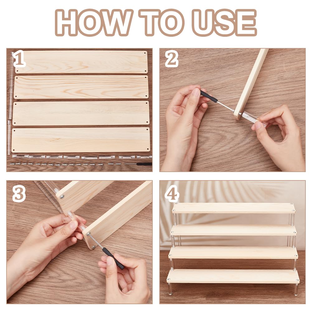 Présentoir en bois à 4 niveaux avec échelle en acrylique pour cupcakes, parfums, figurines d'action nize et mettre en valeur votre collection (48 x 28 x 21 cm)