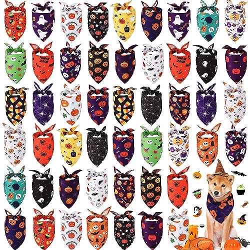 Silkfly 50 Pcs Halloween Dog Bandanas Bulk Triangle Dog Kerchief Set with Pumpkin Spider Pattern for Pet Costume Accessories(L)