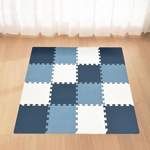 Interlocking Foam Floor Tiles, Square Foam Mats for Kids, Puzzle Play Mats, Baby Play Mat, Puzzle Floor Tiles, Blue and White (16pcs Tiles with Border)