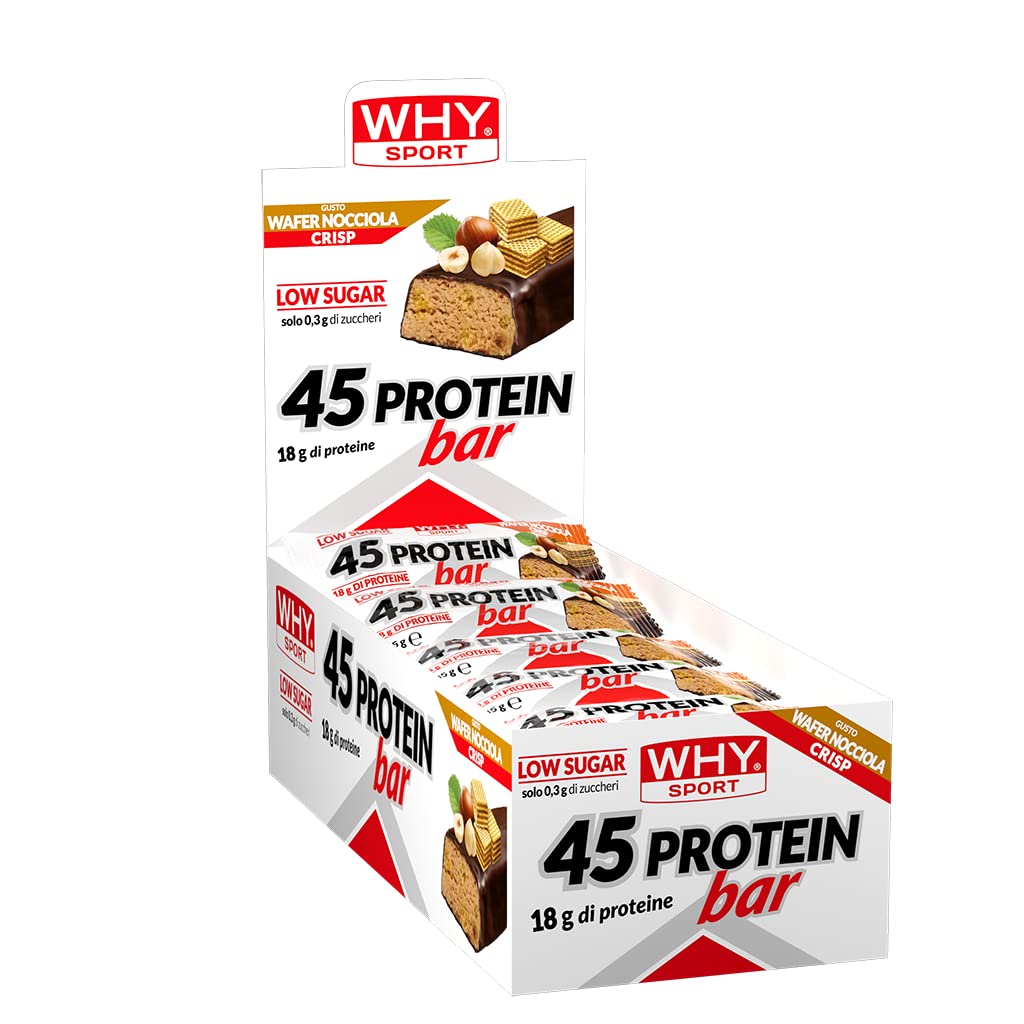 WHY SPORT 45 PROTEIN BAR - Barrette Proteiche con Proteine Concentrate - Snack Proteici Gusto Wafer Nocciola Crisp - Box da 28 Barrette - 45 gr