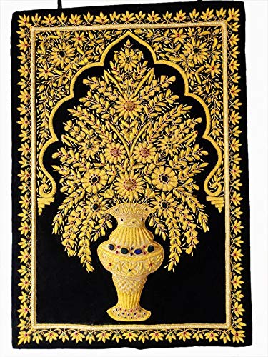 BLISS DÉCOR 24" X 36"Indian Hand Embroidered Zardozi Zardosi 3D Wall Decorations Decoratives Hanging with semi Precious stone and golden wires.
