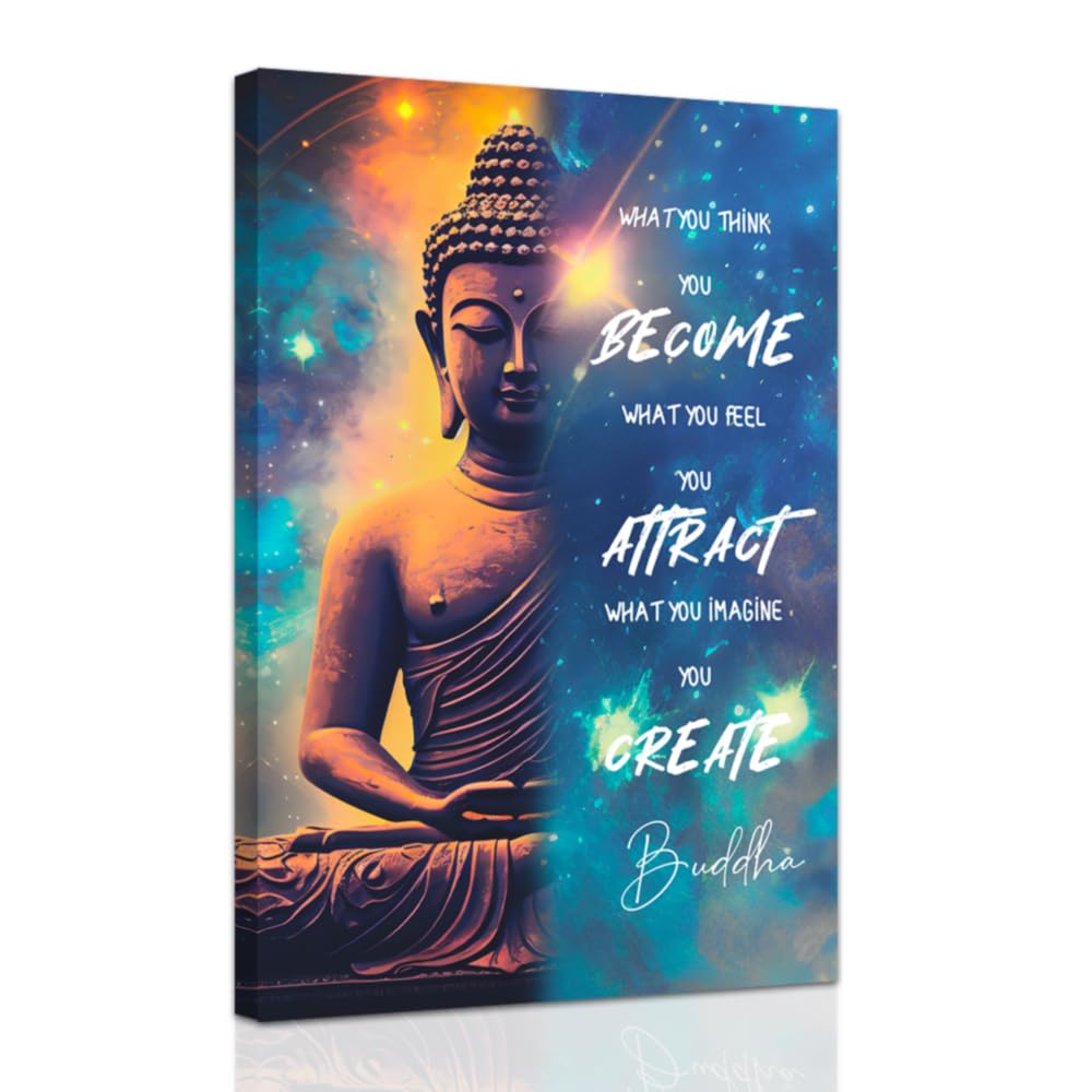 ZXHYWYM Buddhist Motivational Wall Art Buddha Quotes Canvas Pictures Zen Bathroom Painting Spa Artwork Prints for Yoga Room Office Decor Framed (60 x 90 cms)