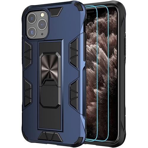 Military Grade Drop iPhone 11 Pro Max Case with Tempered Glass Screen Protector Shockproof with Kickstand Stand Built-in Magnetic Car Mount Protective Case for iPhone 11 Pro Max Phone Case (Blue)