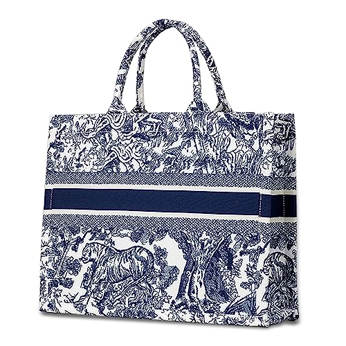 Bolso de mano de lujo para mujer, de algodón, lino, bandolera, de gran capacidad, portátil, para viajes, playa, vacaciones, compras, Azul