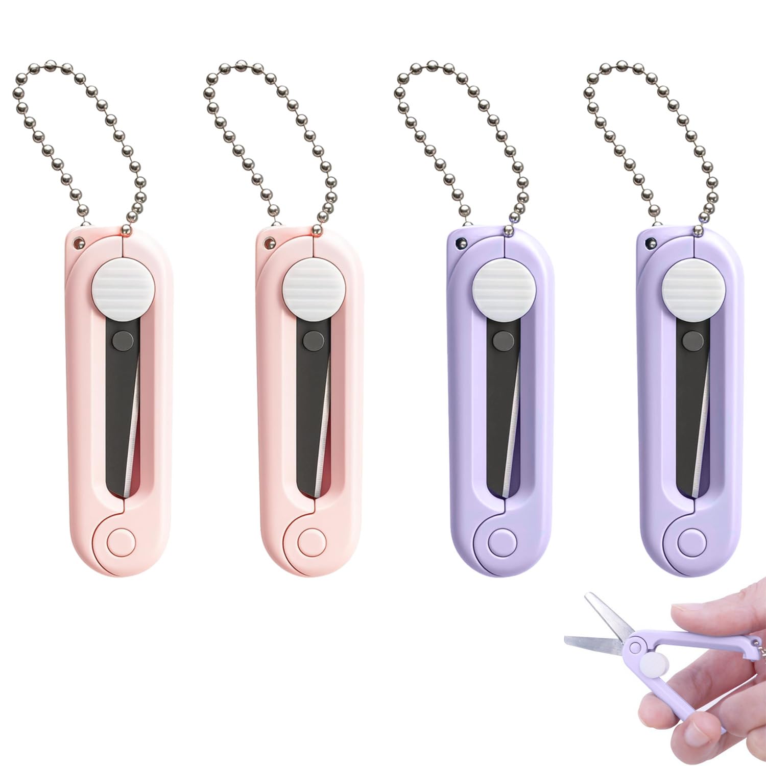 4PCS Folding Scissors, Mini Scissors with Keychain, Portable Travel Scissors in Pink and Purple, Foldable Small Scissors for Crafting, Office, and Household Cutting Tasks, Compact 15 * 11 cm Size