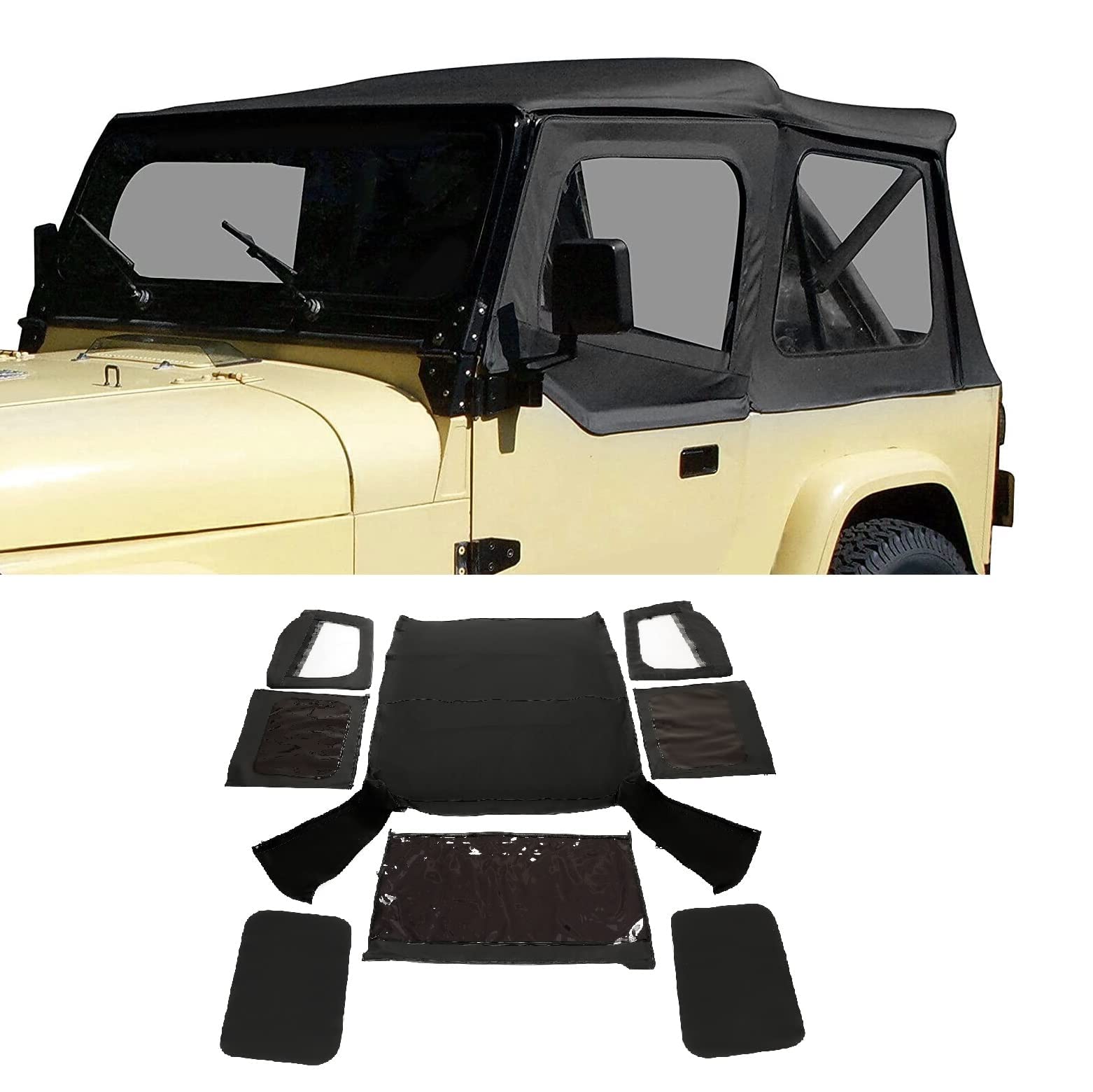 KUAFU Replacement Soft Top Compatible with 1987-1995 Jeep Wrangler YJ 2 Door Sailcloth Vinyl Black Roof, Zip Out with Tinted Plastic Windows and Removable Front Upper Door Skins