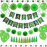 55 pcs Green Gold Birthday Party Decorations Set, Paper Fans, Balloons, Happy Birthday Banner, Pom Poms Flowers, Paper Garland, Swirls, Tassels for Adults and Kids Birthday Party Decoration by Enfy