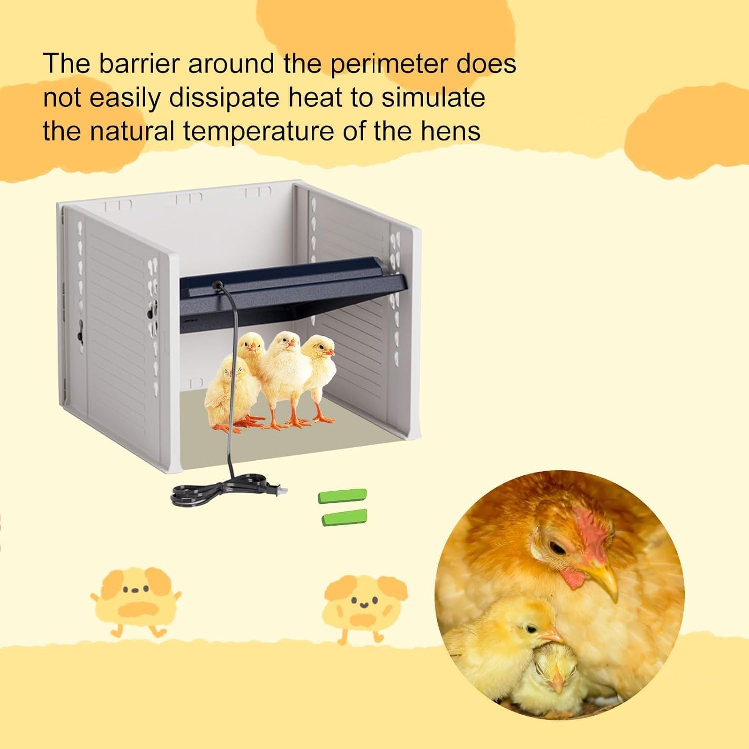 Criadora de Pollitos, 25W Calentador de Pollos con Paneles Anti-Viento, 10-65°C Termostática Calentador para Gallineros con Pantalla LED Digital, Ángulos de Inclinación y Altura Ajustable (Negro)
