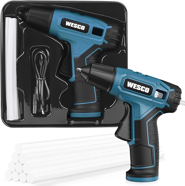 Cordless Glue Gun, WESCO 3.6V Hot Glue Gun with 10pieces Glue Stick 7mm, Micro USB Charge with Indicator, Fast Heat Up, Safe Anti-Leaking Nozzle for DIY, Gift Wrapping, Craft, Repairs/WS2020K