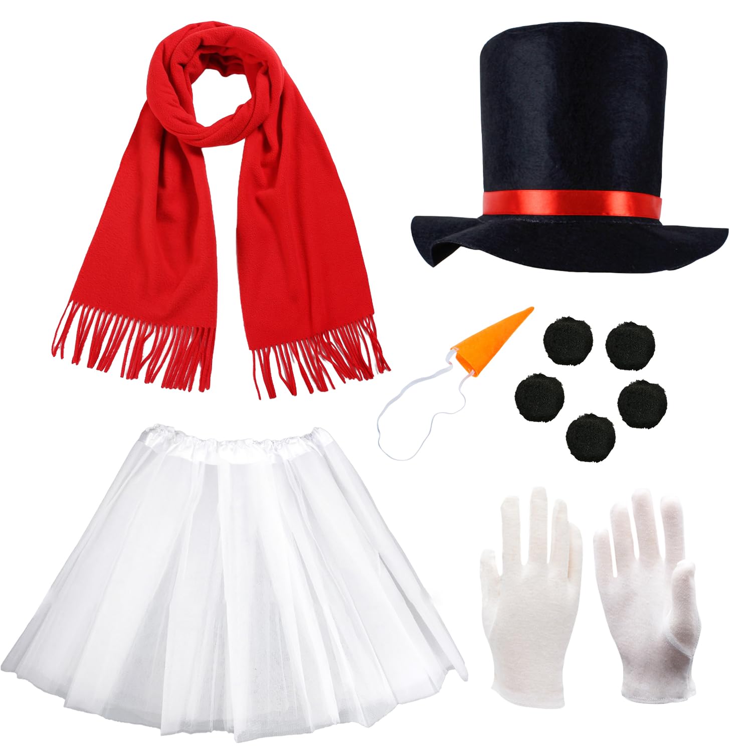 XNFUOE 10pcs Snowman Costume Adult Snowman Scarf Hat Carrot Nose Gloves Pom Pom Balls Tutu Skirt Christmas Fancy Dress for Women Men