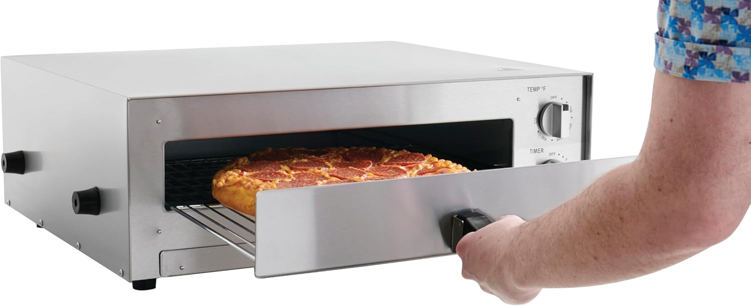 Фронт view of Kratos 29M-036 pizza oven with crumb tray pulled out
