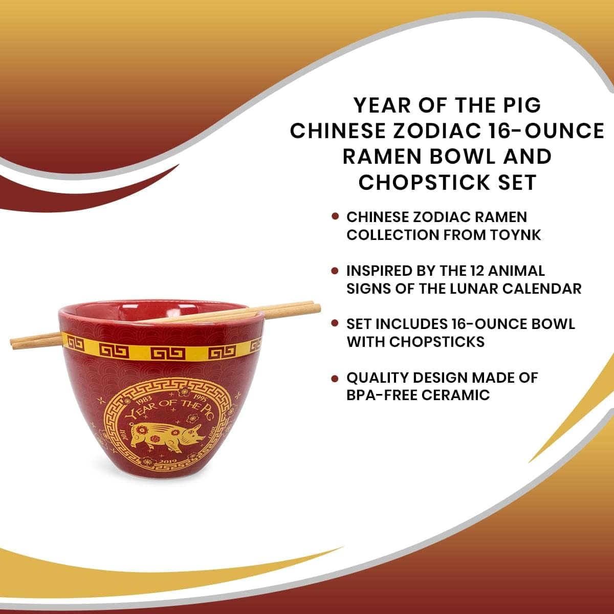 Boom Trendz Year Of The Pig Chinese Zodiac Ceramic Dinnerware Set Includes 16-Ounce Ramen Noodle Bowl Wooden Chopsticks Asian Food Dish Set Home & Kitchen Kawaii Lunar New Year Gifts, Red, One Size