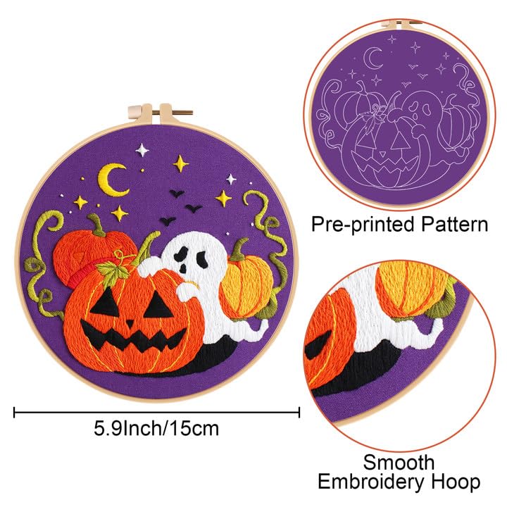 Image of Nuberlic Halloween Embroidery Kits - 3 Pack Easy Embroidery kit for Adults Beginners Starter Cross Stitch Kit DIY Needlepoint with Pre-Printed Fabric, Hoop, Thread, Needles & Step-by-Step Guide