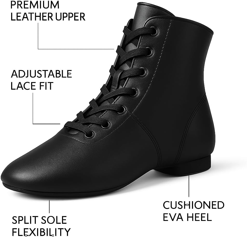 Jazz Boots Dance Shoes: High Top Black Jazz Shoes Lace Up - Premium Leather Dancing Shoes - Flat Split Sole Over Ankle Jazz Boots for Women Girls Kids and Men - Image 3