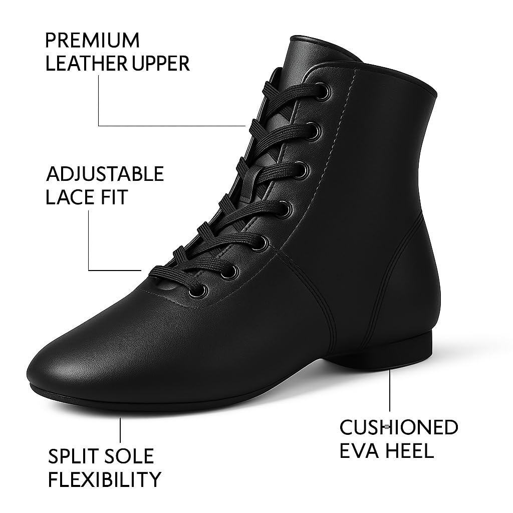 Stivali da jazz da ballo: scarpe da jazz alte nere con lacci, in pelle di alta qualità, suola piatta con spacco, stivali jazz sopra la caviglia, per donne, ragazze, bambini e uomini