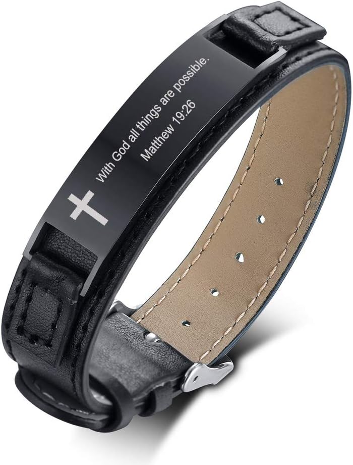 With God all things are possible Matthew 19:26 Inspiring Men's Christian Bibe Verse Bracelet,Black