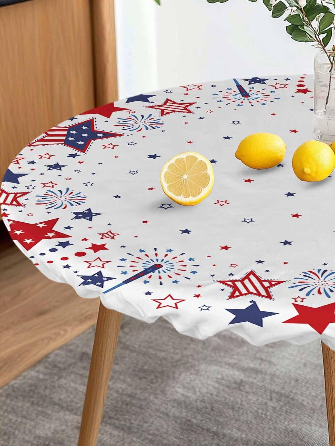 4th of July Round Tablecloth Fitted Elastic Edged Table Cover Red White and Blue Stars Firework American Flag Waterproof Oil-Proof Patriotic Table Cloth(Round Tight Fits Table up to 55"-60" Diameter)