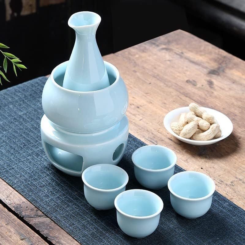 Sake Set, Japanese Traditional Ceramic Sake Serving Sets 7 Pieces,1 Stove 1 Warming Bowl 1 Sake Bottle 4 Cup for Family Restaurant Sushi Place (A)