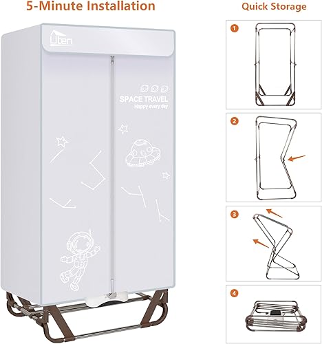 Miniatura 3 de Uten Secadora de ropa portátil, secadora de ropa eléctrica de 1500 W con temporizador, armario de secado de ropa portátil de 2 niveles, estante de