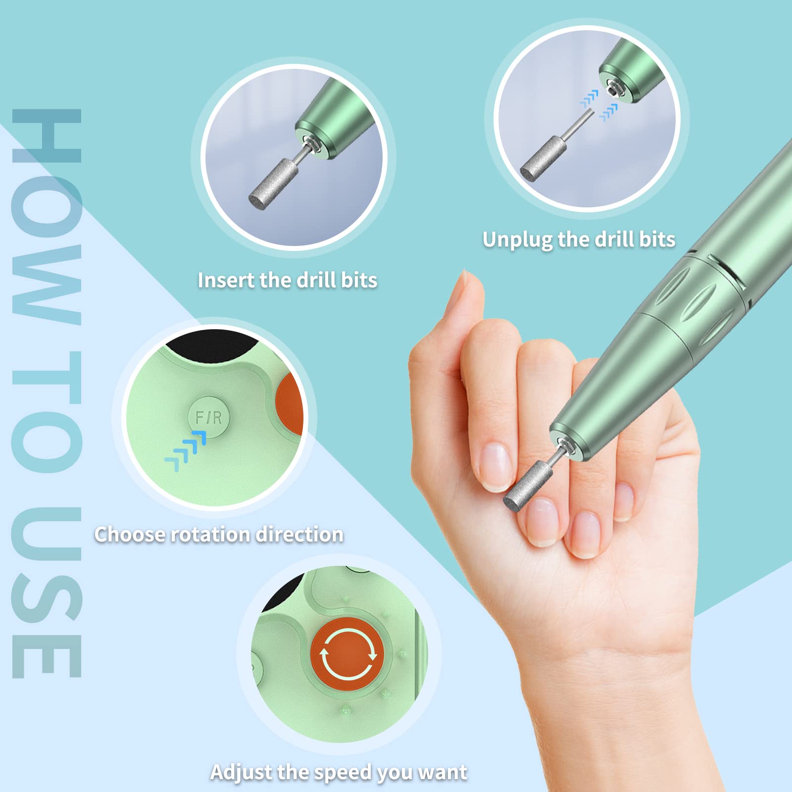 Nail Cutter for Gel Nails Nail Cutter Electric Nail File Electric Cutter Nails Milling Machine Frezarka do Paznokci Nail Machine Professional 30000 RPM (Green) - Image 4