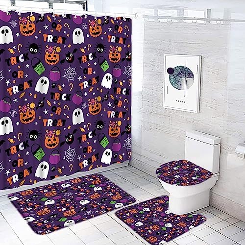 4 Piece Halloween Shower Curtain Sets Funny Ghost Pumpkin Treat or Trick Sugar Spider Bat Cartoon Halloween Happy Holiday Spooky Bathroom Curtain with Bath Rug,U-Shape Rug,Toilet Lid Cover
