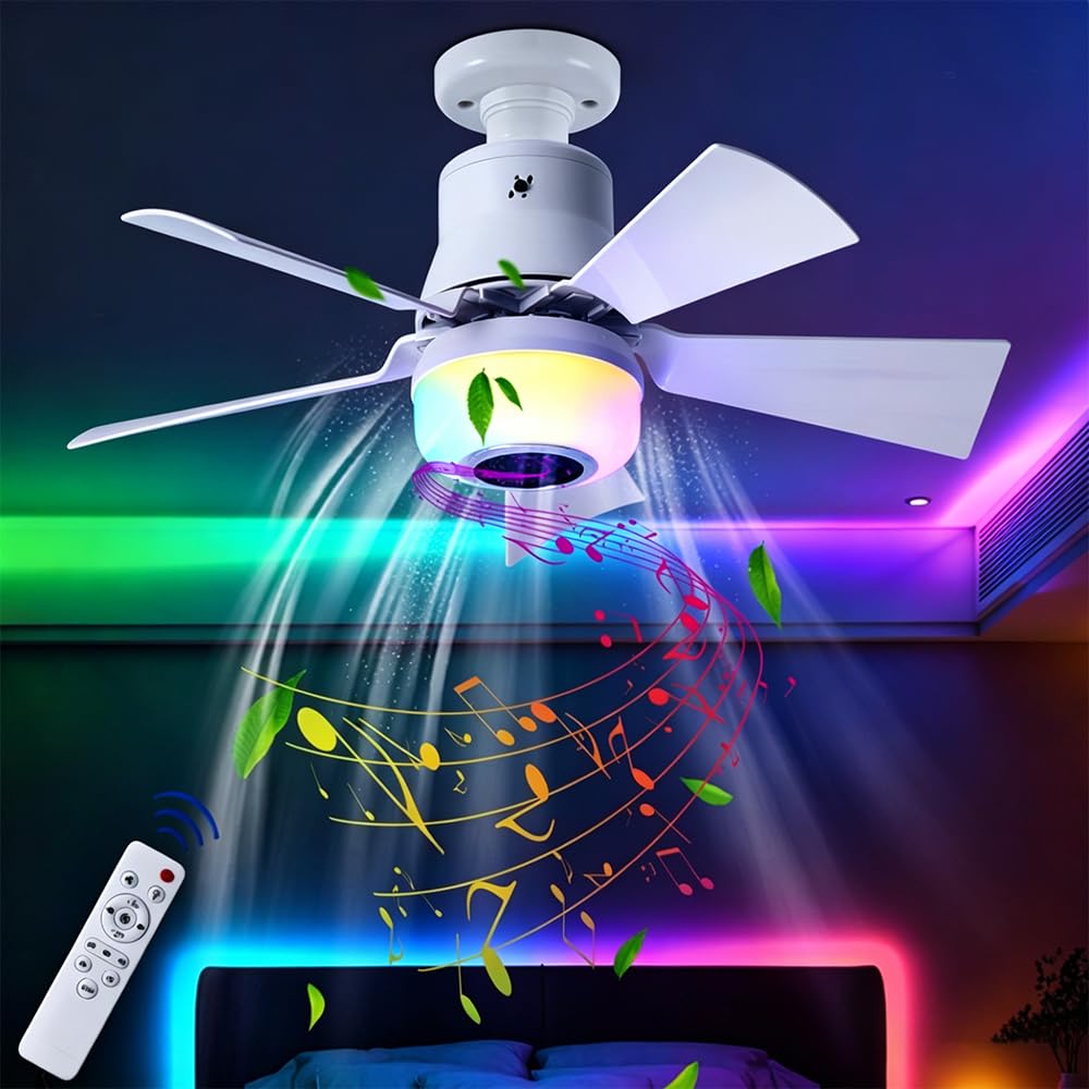 Ceiling Fan Light Bulb Bayonet Fitting, RGB Screw in Ceiling Fan Light, Dimmable Light Bulb Fan Ceiling with Remote Control, Bluetooth and Music, E27 Socket Fan Light for Bedroom, Kitchen, Bathroom