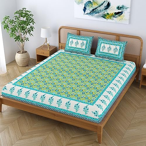Image of Cotton Blend Traditional Jaipuri Floral Printed Premium Bedsheet for Double Bed King Size with 2 Pillow Covers - Light Blue | Proudly Made in India
