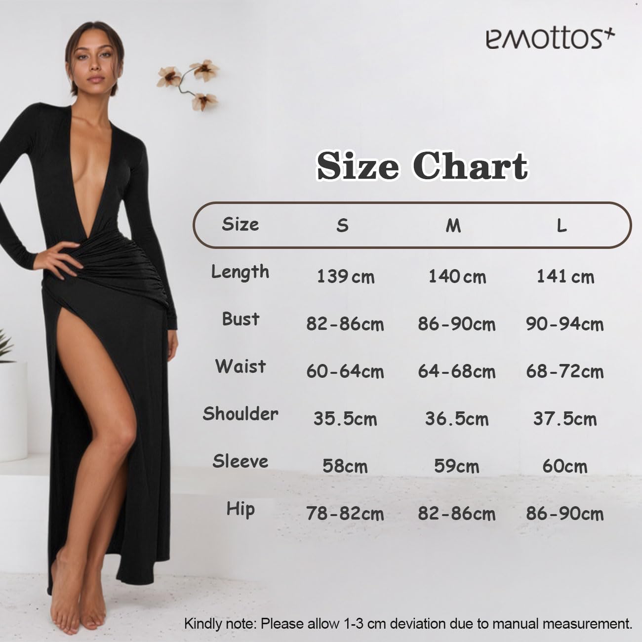 Abito Lungo da Donna con Scollo a V Profondo, Abiti Eleganti Lunghi e Sexy con Maniche Lunghe e Spacco Alto, Abito da Sera Aderente con Vita Arricciata per Serate, Nero, Taglie S-L