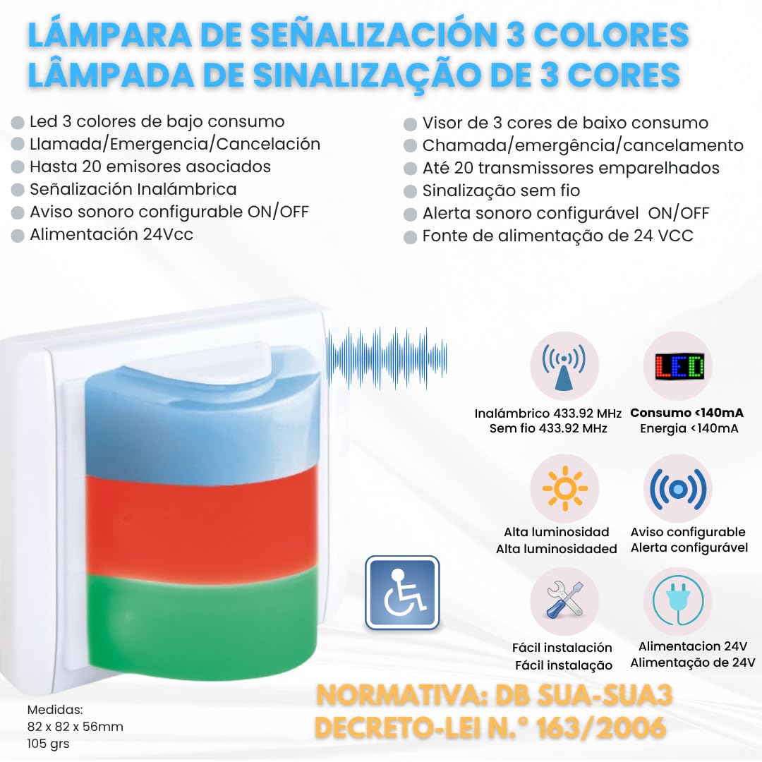 Kit Llamada Alarma Emergencia Inalámbrico Tirador Pulsador Aviso Acústico Lámpara Alta Visibilidad Baños Asistidos Adaptados