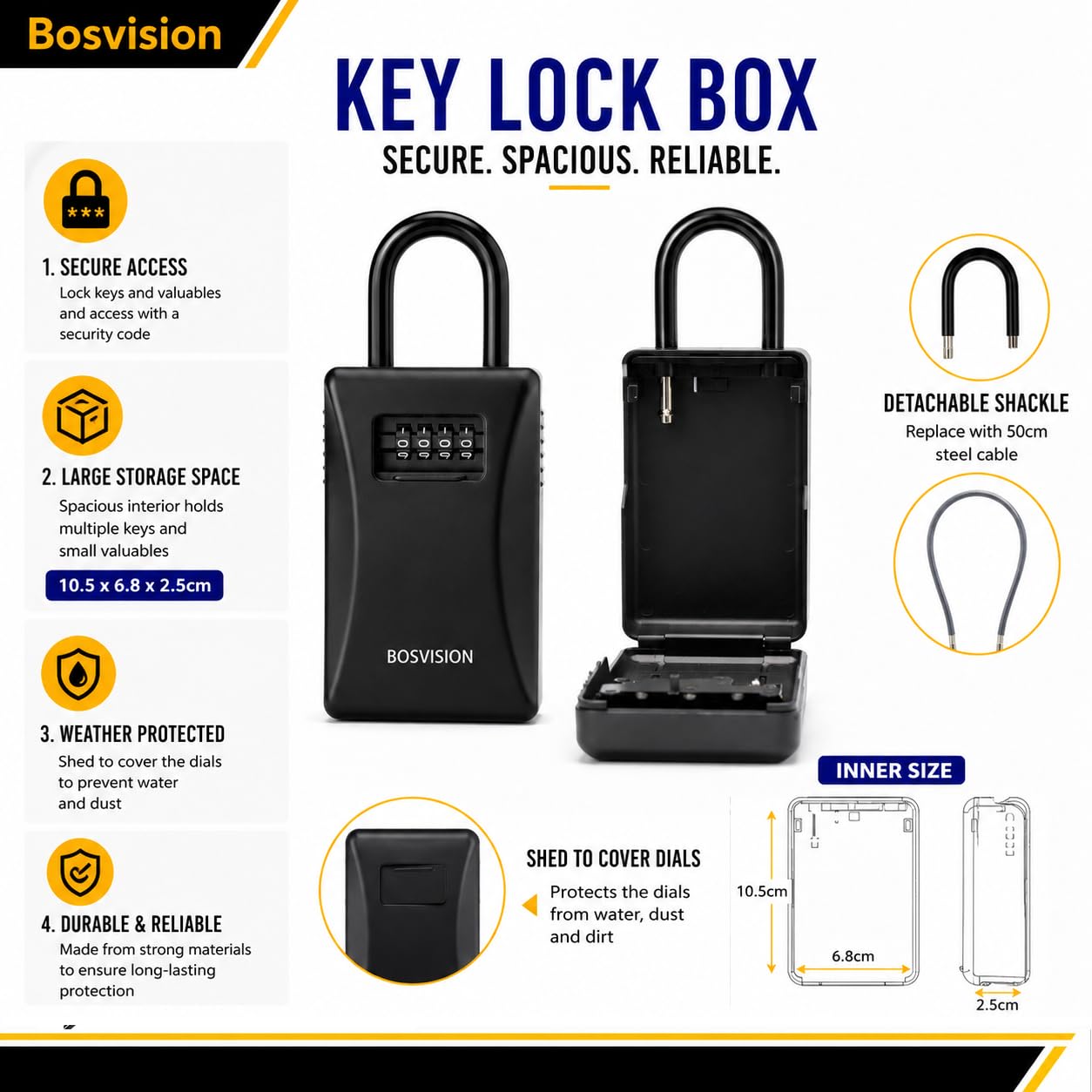 Bosvision [Schlüsselbox] [Schlüsselsafe] [Schlüsseltresor] [Zahlenschloss] [Abnehmbarer Schäkel] 4-stellige Kombination, große interne, für drinnen und draußen (Staubschutzhaube+50cm Kabel)