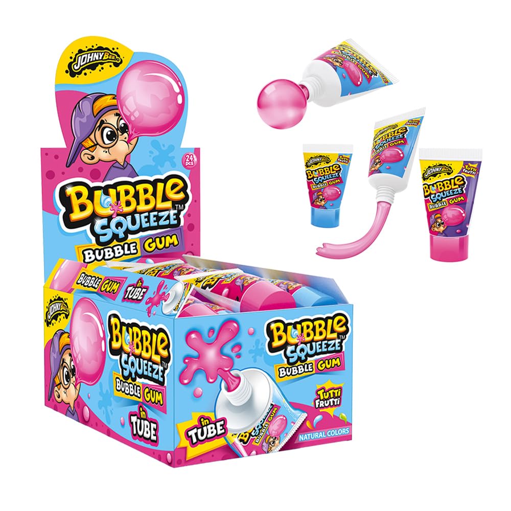 JohnyBee Bubble Squezee Bubble Gum in Tubetti da Spremere Gusto Fruttato Espositore da gr.30x24