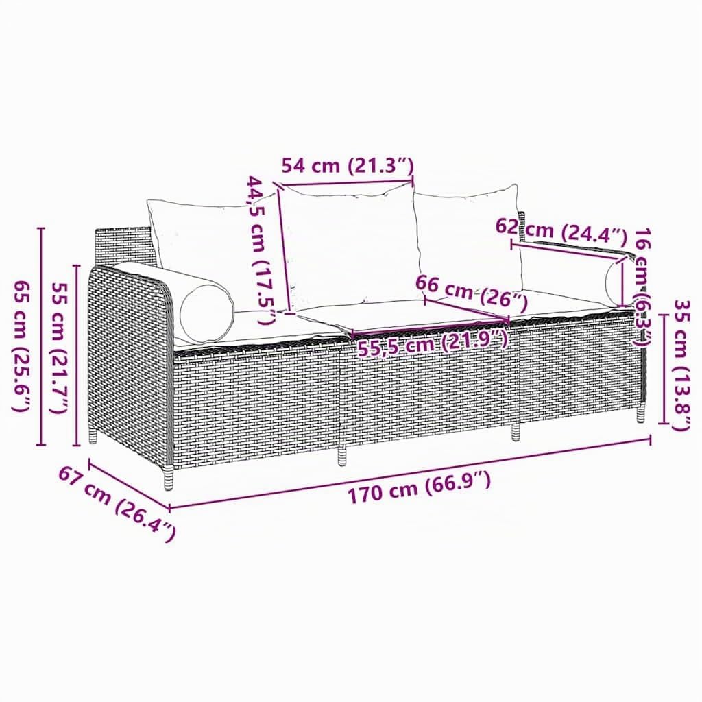 vidaXL Sofá de jardín de 3 plazas con Cojines ratán sintético Gris, sofá de Exterior, Muebles de jardín, Muebles de Patio, Asientos de jardín