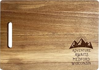 Medford Wisconsin Camping Souvenir Engraved Wooden Cutting Board 14" x 10" Acacia Wood Adventure Awaits Design
