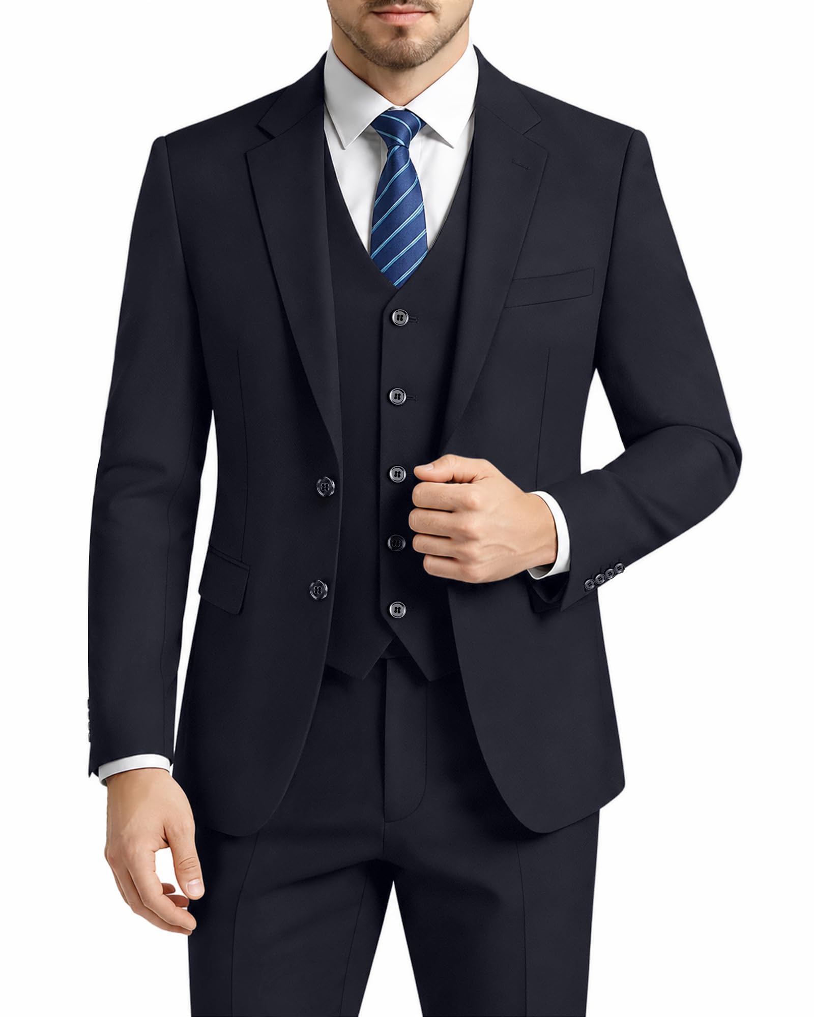 lupurty Suits for Men, Navy Men's Suits Slim Fit, Solid Jacket Vest Pants with Tie, Two Buttons 3 Pieces Suit Set, L-picture-32