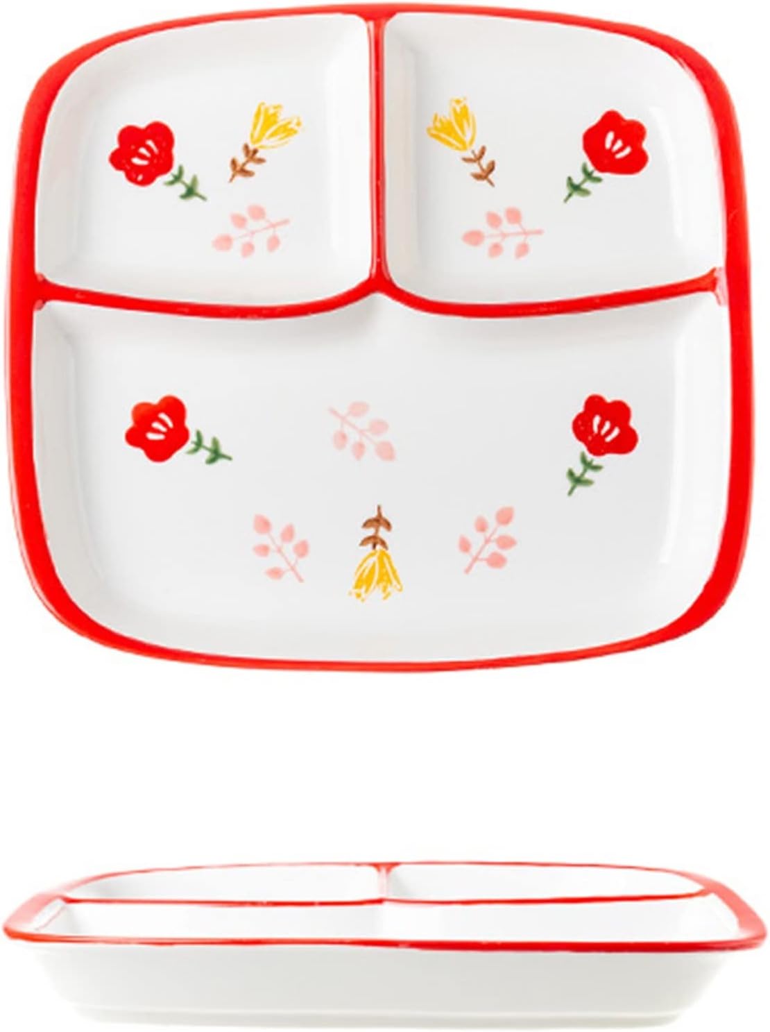 Weight Management Tableware - 10 Inches Porcelain Divided Platter Safety Underglaze Color 3 Compartment Luncheon Plates Salad Meat Rice Round Dishes Tableware Supplies (Color : B)